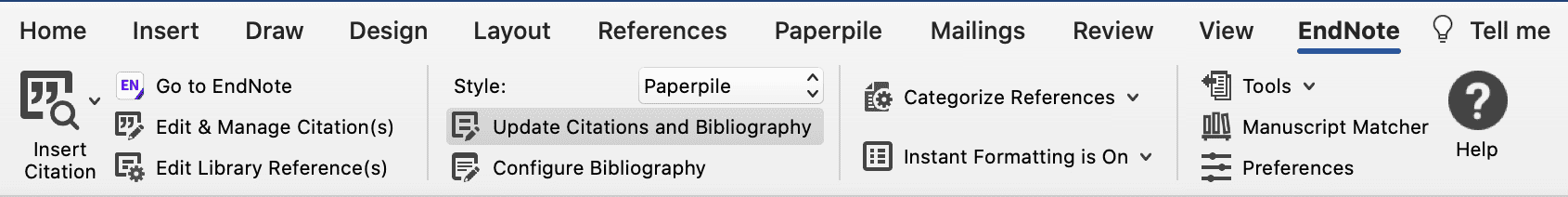The EndNote tab in the Word ribbon with Style set to Paperpile and the “Update Citations and Bibliography” button highlighted, beside “Categorize References” and “Instant Formatting is On”.